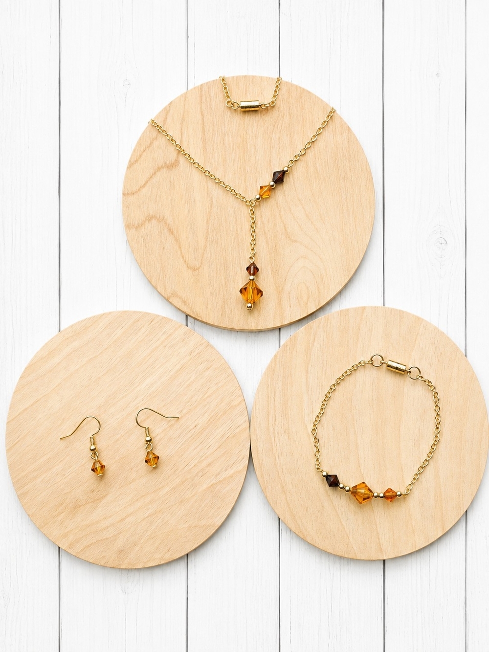Gold Tone Amber Crystal Necklace, Bracelet & Earring Set